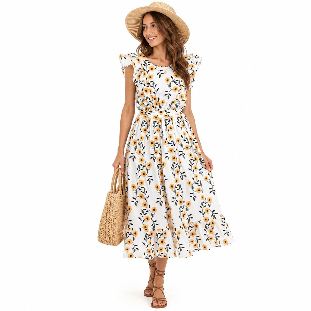 Just Me Sunflower Appliqué Midi Dress Womens Small Cottagecore Boho Prairie Cott